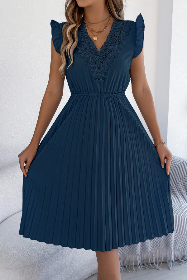 Solid Color V-neck Lace-trimmed Sleeveless Casual Pleated Midi Dress