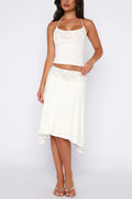 Solid Color Patchwork Lace Halter Neck Fitted Top and Elegant Knee-length Skirt Set