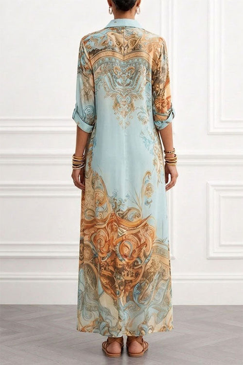 Boho Vintage Art Print Button Down Maxi Shirt Dress