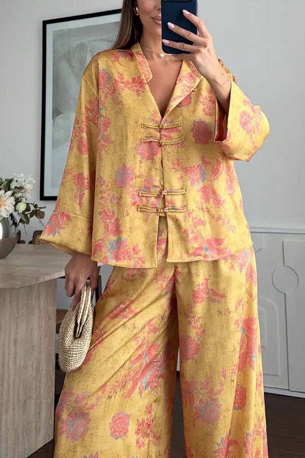 Floral Print Satin Knotted Button Long Sleeve Shirt and Elastic Waist Pocket Wide Leg Pants Set