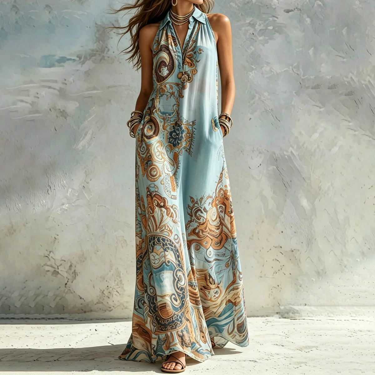 Retro Print Shirt Maxi Dress