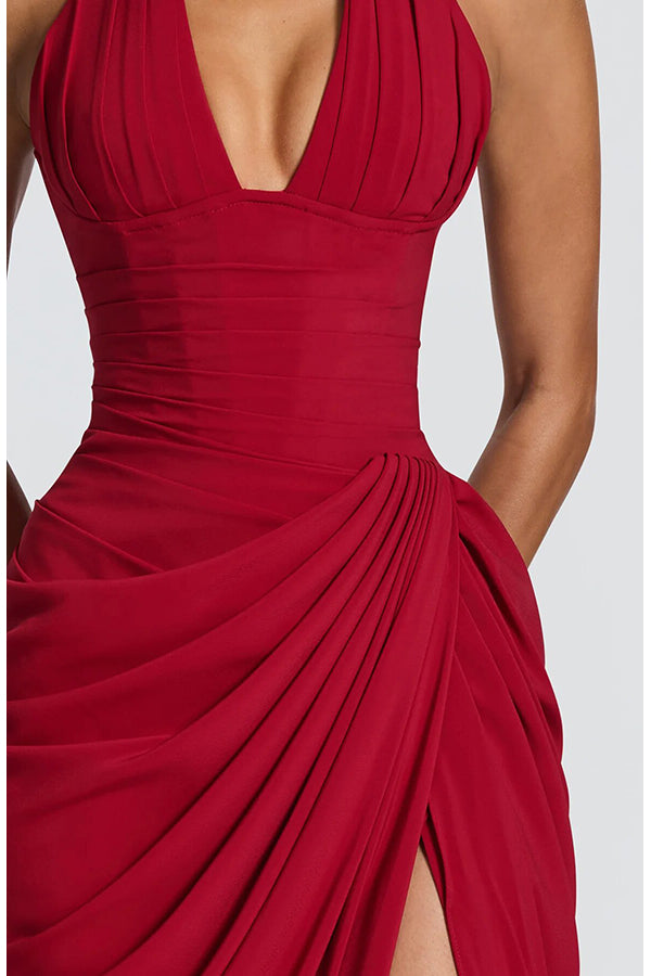 Minette Halter Back Lace-up Asymmetrical Pleats Slit Maxi Dress (pink)