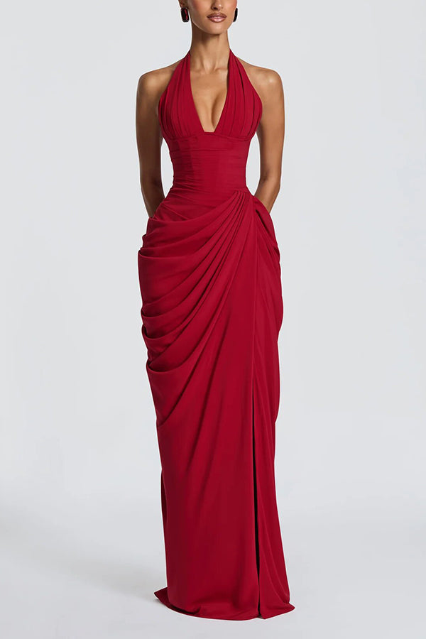 Minette Halter Back Lace-up Asymmetrical Pleats Slit Maxi Dress (pink)