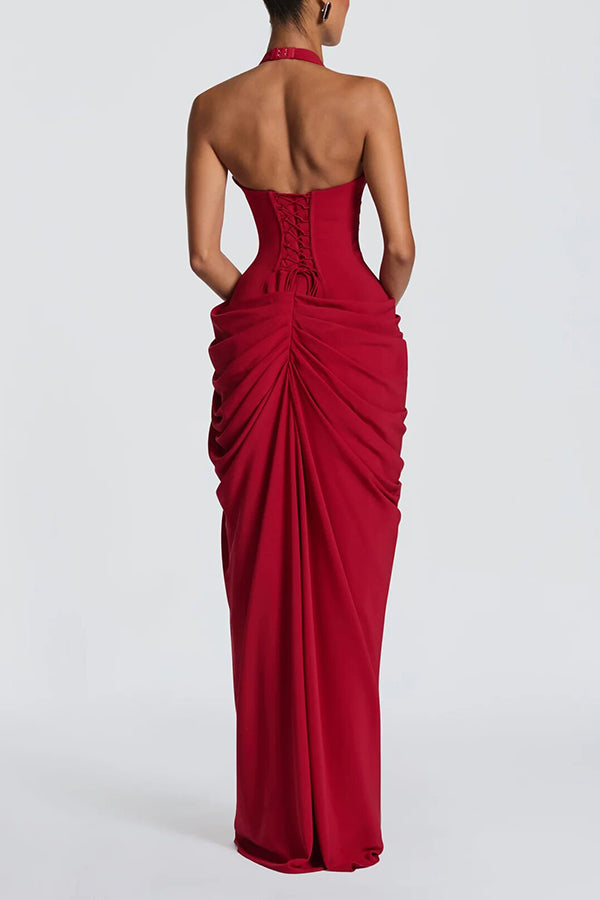 Minette Halter Back Lace-up Asymmetrical Pleats Slit Maxi Dress (pink)