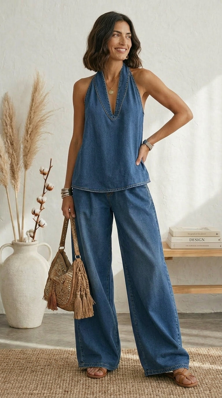 Ariadna | Blue Summer Wide-Leg Trousers Set