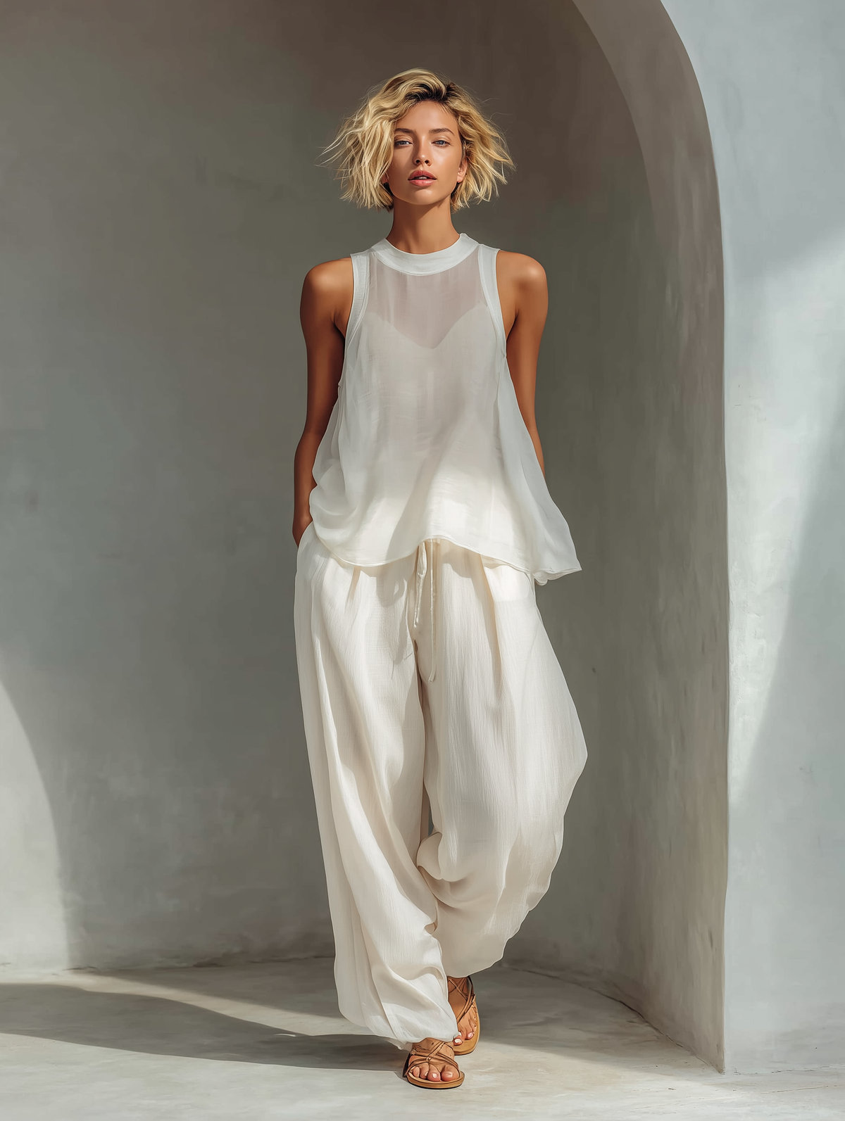 Semi-sheer Chiffon Sleeveless Top & Cotton And Linen Blend Drawstring Wide-Leg Trousers