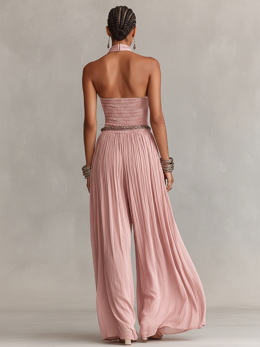 Halter Neck & Ruched Waist Pleated Jumpsuit
