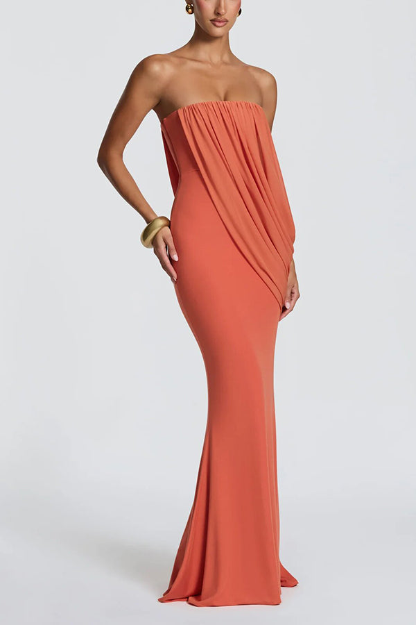 Vienna Modal Jersey Ruched Asymmetric Draped Mesh Strapless Maxi Dress