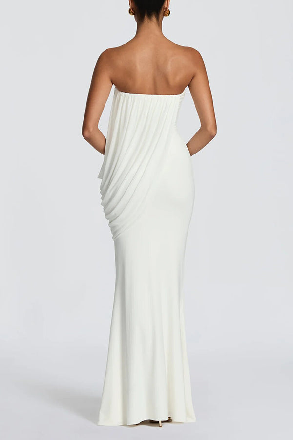 Vienna Modal Jersey Ruched Asymmetric Draped Mesh Strapless Maxi Dress