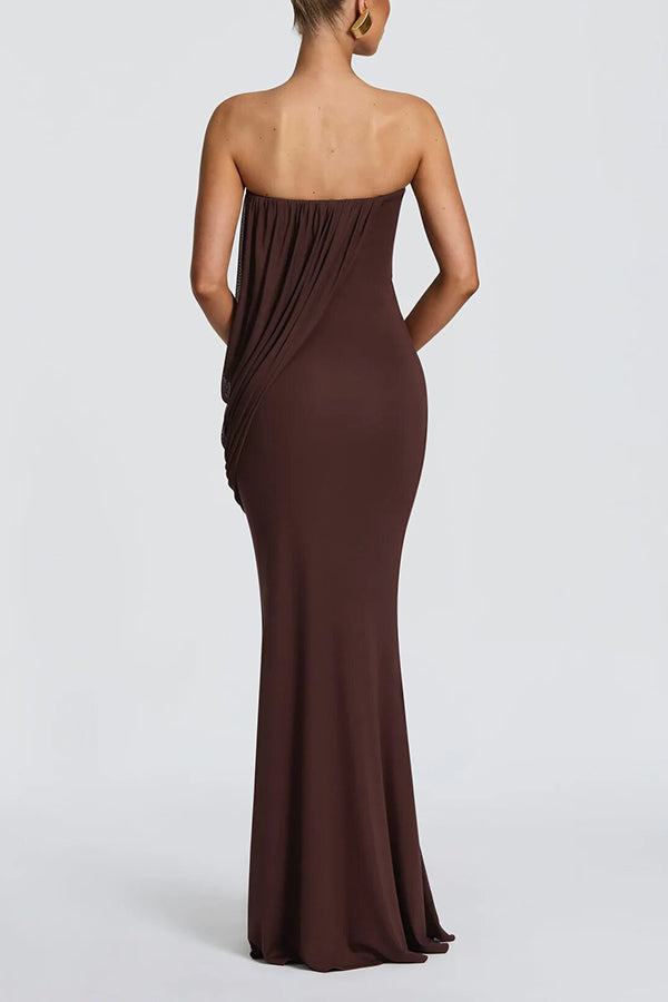 Vienna Modal Jersey Ruched Asymmetric Draped Mesh Strapless Maxi Dress