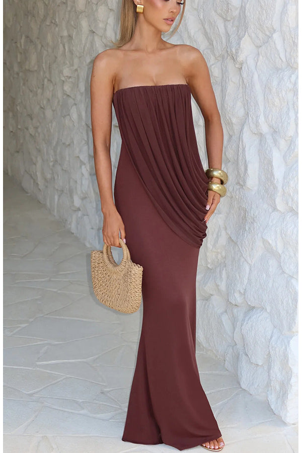 Vienna Modal Jersey Ruched Asymmetric Draped Mesh Strapless Maxi Dress